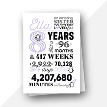Load image into Gallery viewer, Personalised: Age 8 fun facts penguin birthday card