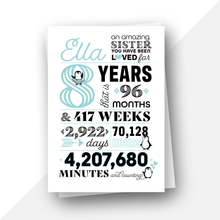 Load image into Gallery viewer, Personalised: Age 8 fun facts penguin birthday card
