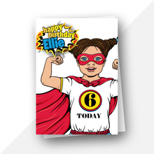 Load image into Gallery viewer, Personalised: Superhero ages 4 to 7 birthday card