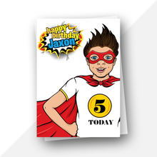 Load image into Gallery viewer, Personalised: Superhero ages 4 to 7 birthday card