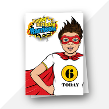 Load image into Gallery viewer, Personalised: Superhero ages 4 to 7 birthday card