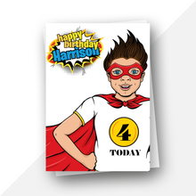 Load image into Gallery viewer, Personalised: Superhero ages 4 to 7 birthday card