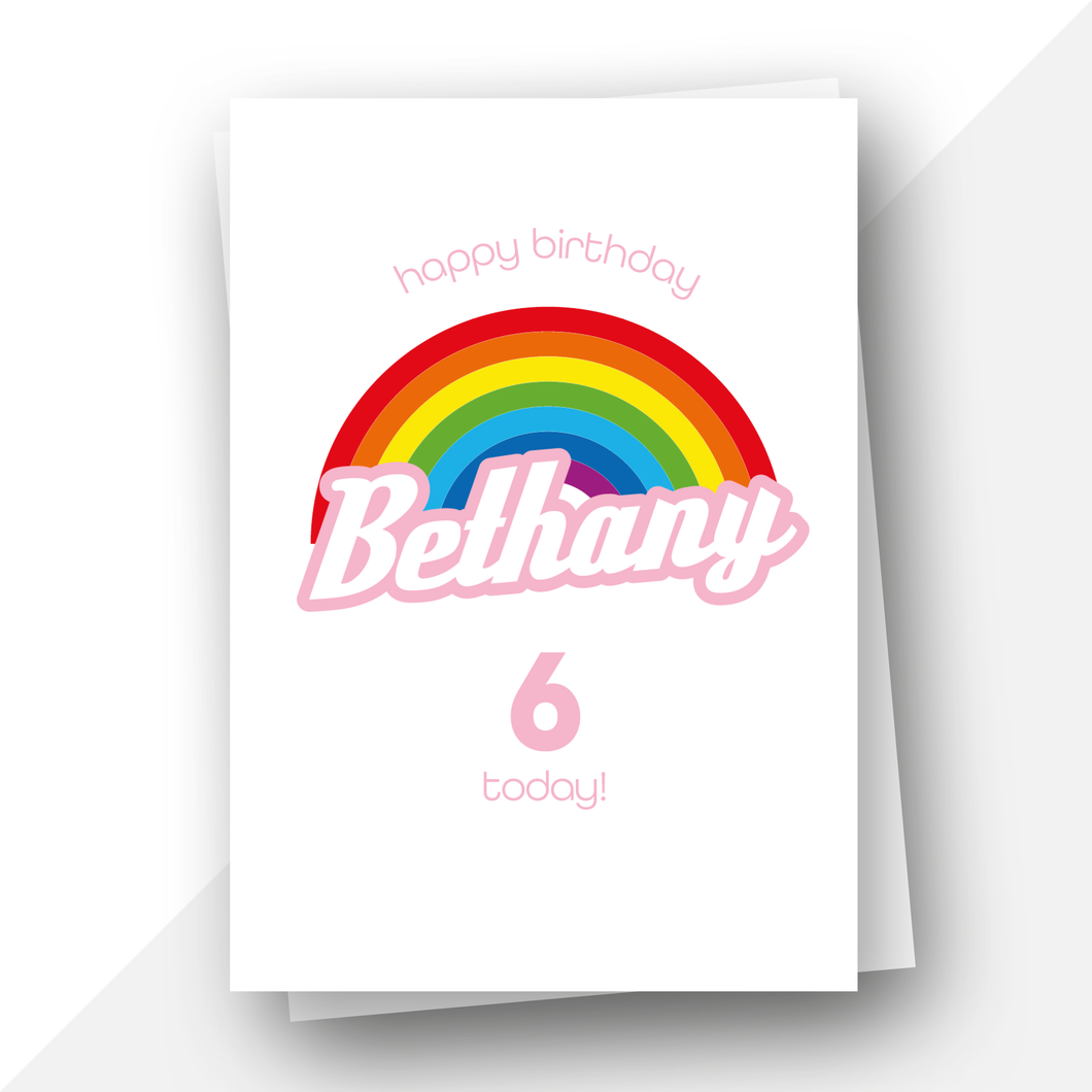 Personalised: Rainbow pink text birthday card