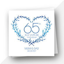 Load image into Gallery viewer, Personalised: 65th Blue Sapphire Wedding Anniversary card
