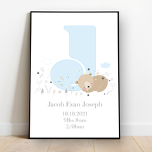 Load image into Gallery viewer, Personalised: Woodland Bear birth nursery print
