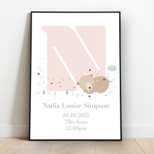 Load image into Gallery viewer, Personalised: Woodland Bear birth nursery print
