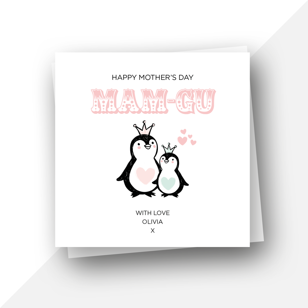 Penguins: Personalised Welsh Happy Mother's Day