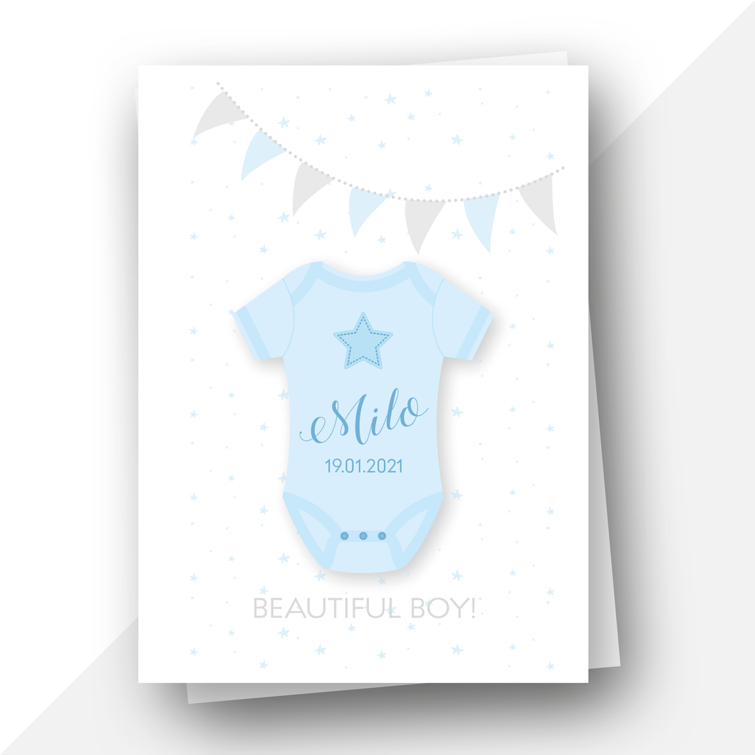 Personalised: Welcome baby boy baby grow card