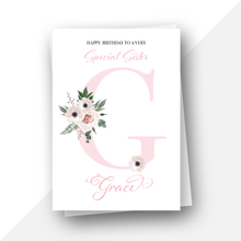 Load image into Gallery viewer, Personalised: Initial letter floral birthday card
