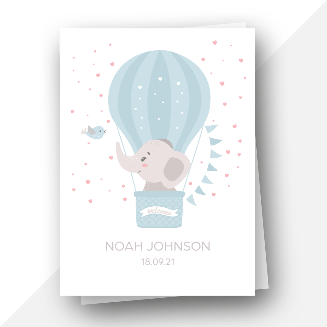 Personalised: Welcome baby boy hot air balloon elephant card