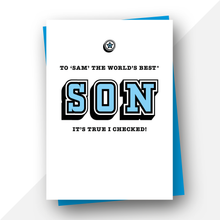 Load image into Gallery viewer, Personalised: Son, the world&#39;s best son birthday card
