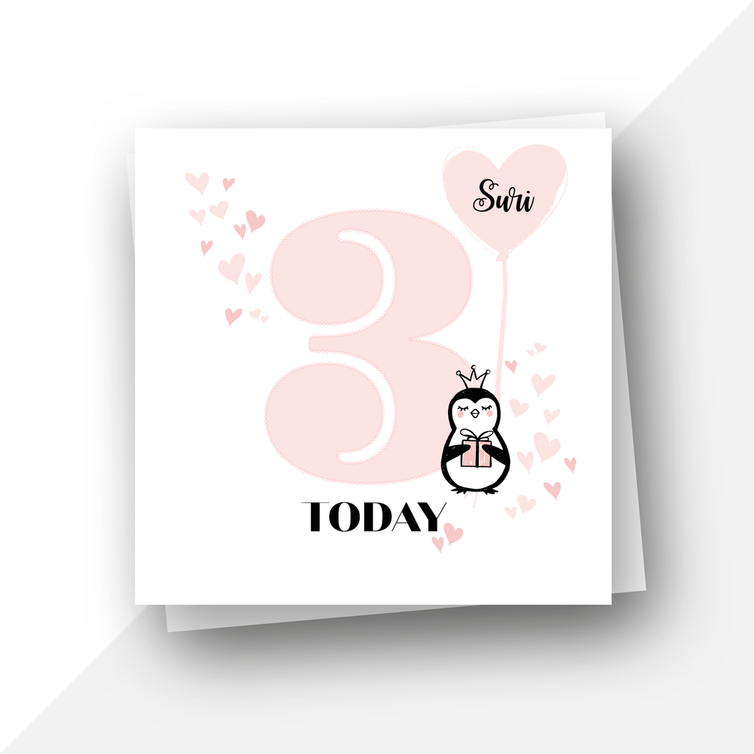 Personalised: Three 3 today penguin birthday card