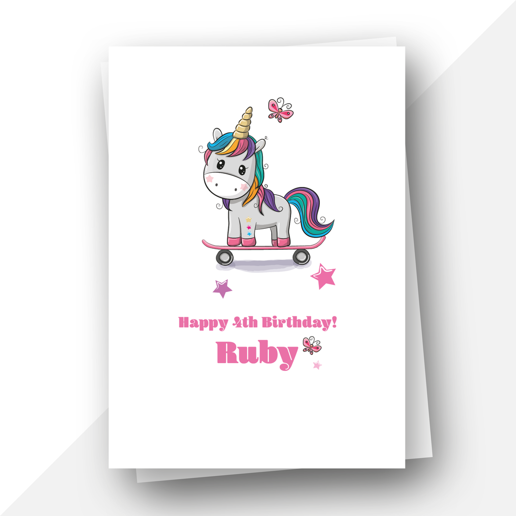 Personalised: Unicorn skater birthday card